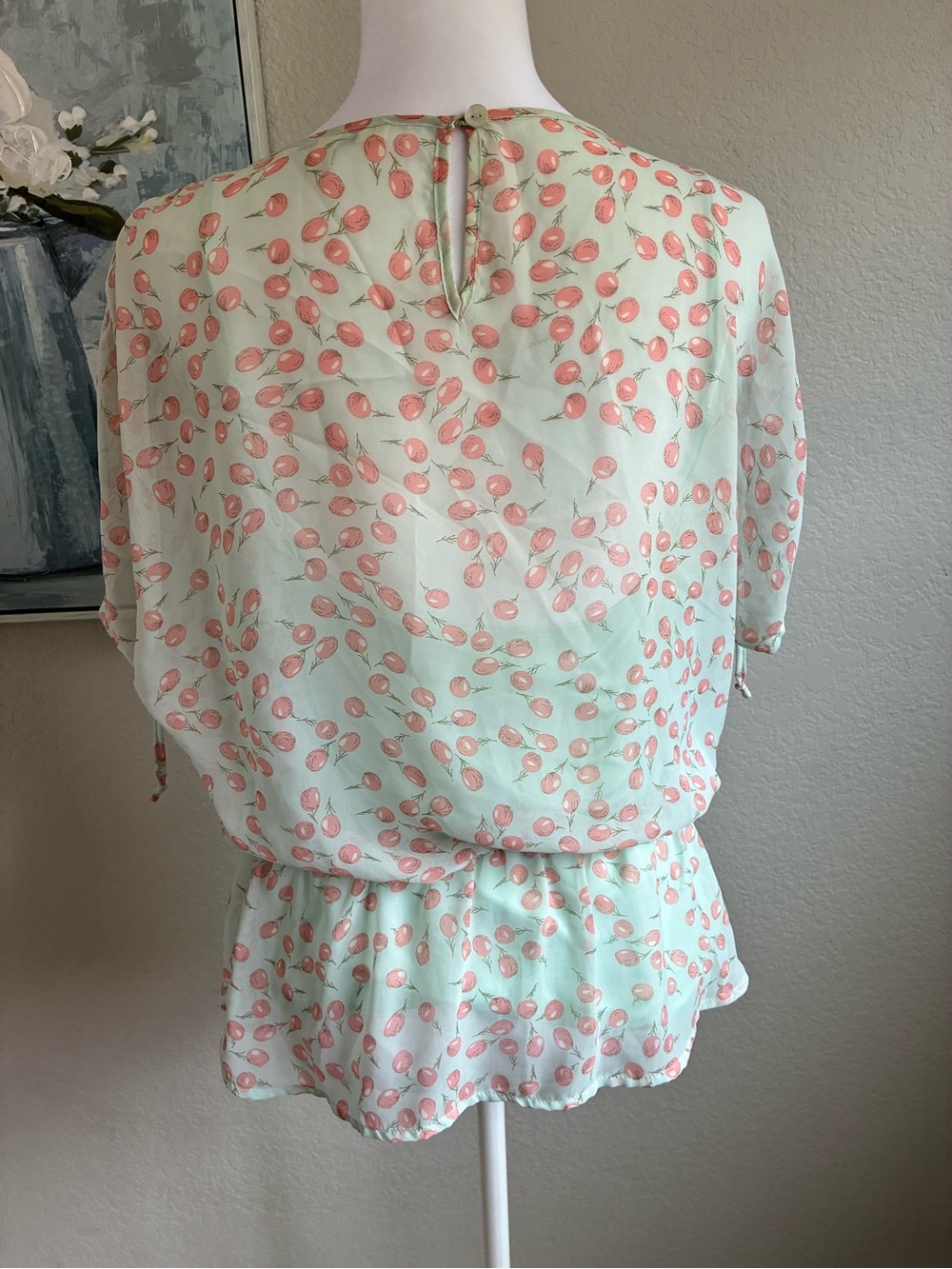 Daniel Rainn Y2K Sheer Mint Green with Cherries Peplum Top-Size Small - Picture 4 of 6